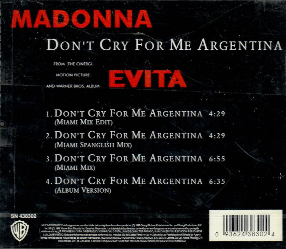 Madonna (CD Don't Cry for Me Argentina: The Dance Mixes) SN-438302 – Musica  Tierra Caliente