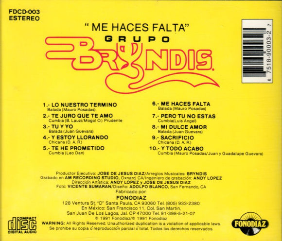 Bryndis Grupo (CD Me Haces Falta) FDCD-003
